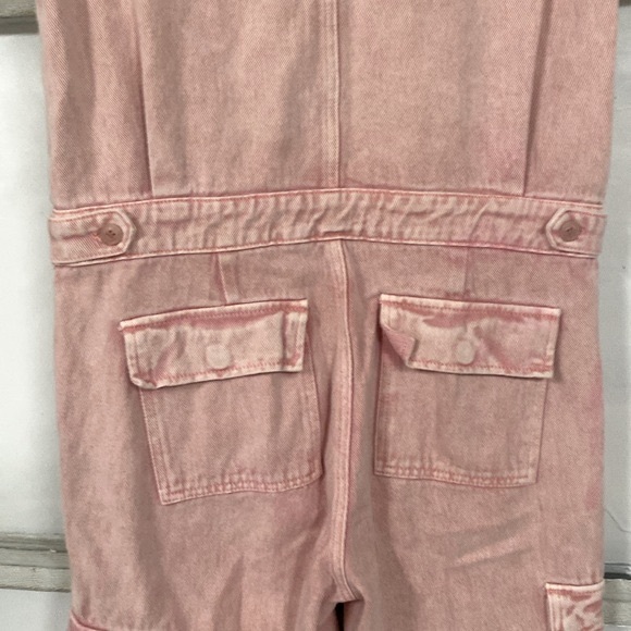 Spool 72 distressed pink denim jean jumpsuit overalls size small Petite - Picture 10 of 12